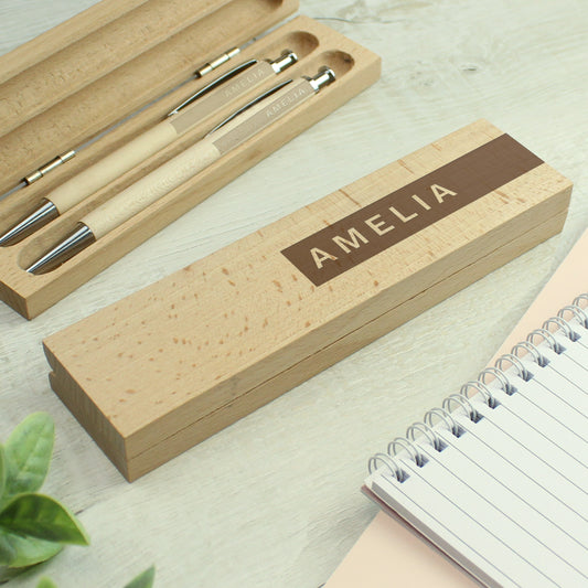 Personalised Wooden Pen And Pencil Set
