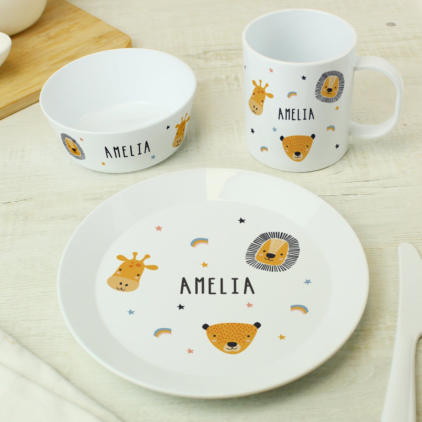 Safari Animals Plastic Childrens Personalised Breakfast Set