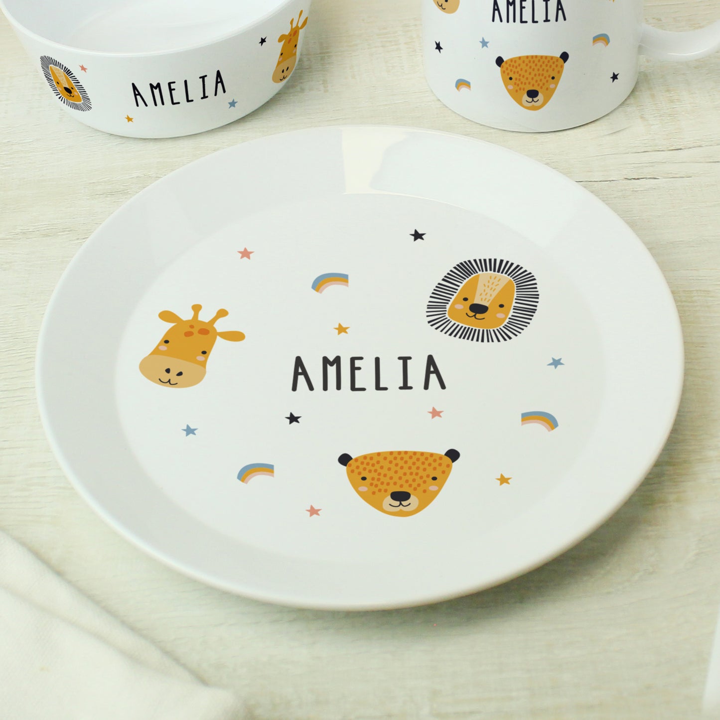Safari Animals Plastic Childrens Personalised Breakfast Set