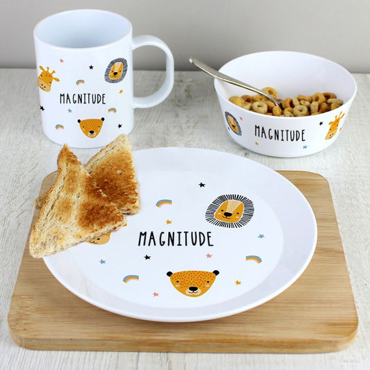 Safari Animals Plastic Childrens Personalised Breakfast Set