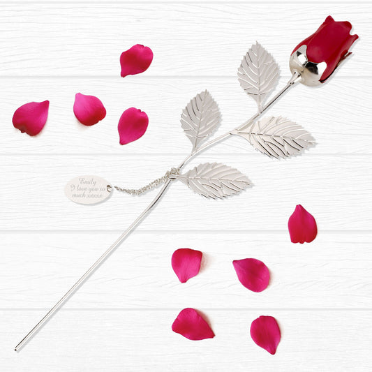 Silver Plated Red Rose Personalised