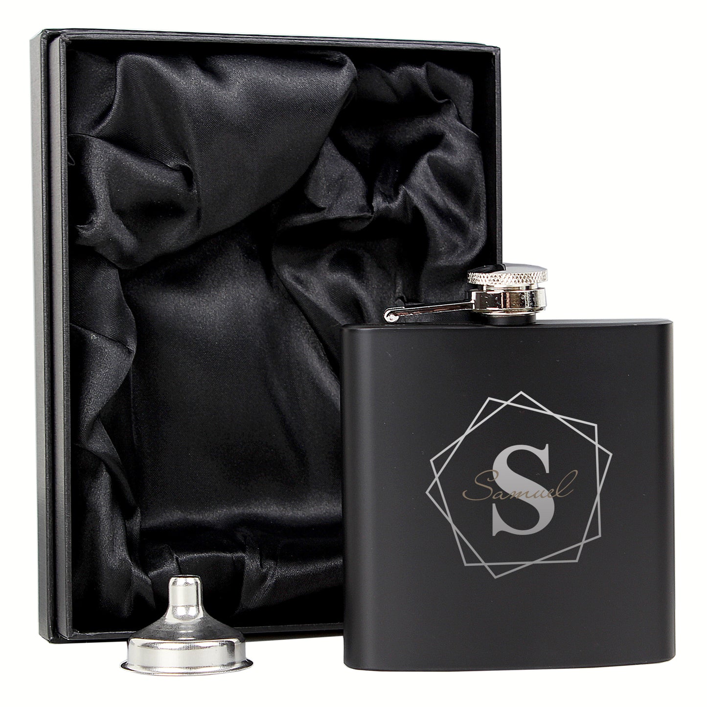 Personalised Geometric Initial Black 6oz Hip Flask
