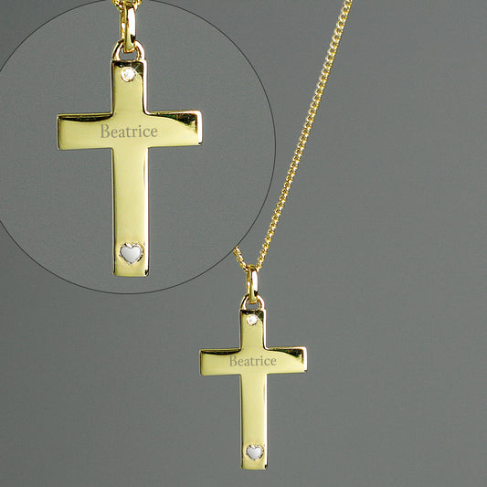 9ct Gold Cross Necklace with Sterling Silver Heart & CZ Personalised