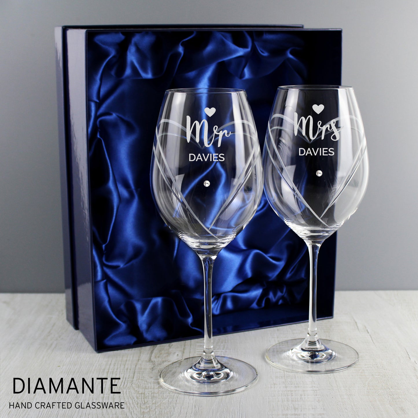 Personalised Mr & Mrs Hand Cut Heart Pattern Pair of Wine Glasses