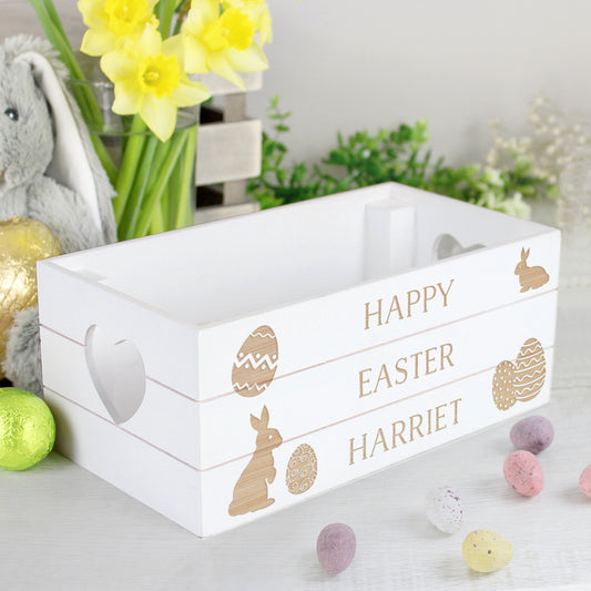 Easter Wooden Crate Personalised White Easter Bunny Design