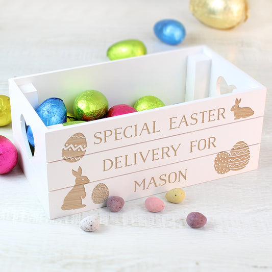 Easter Wooden Crate Personalised White Easter Bunny Design