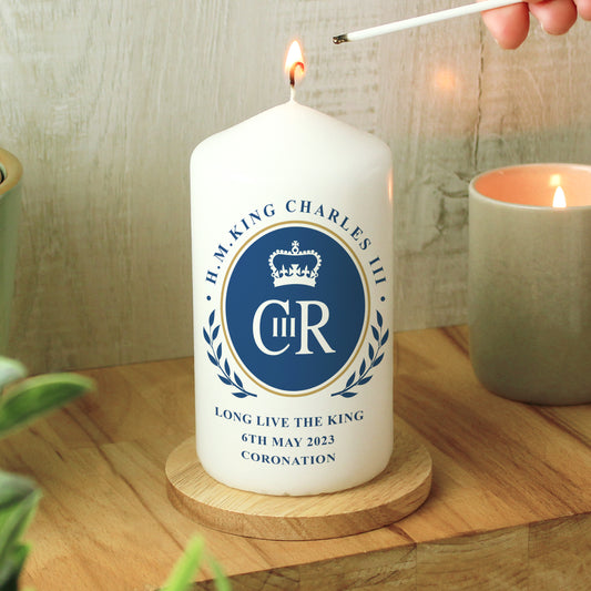 Personalised King Charles III Blue Crest Coronation Commemorative Pillar Candle
