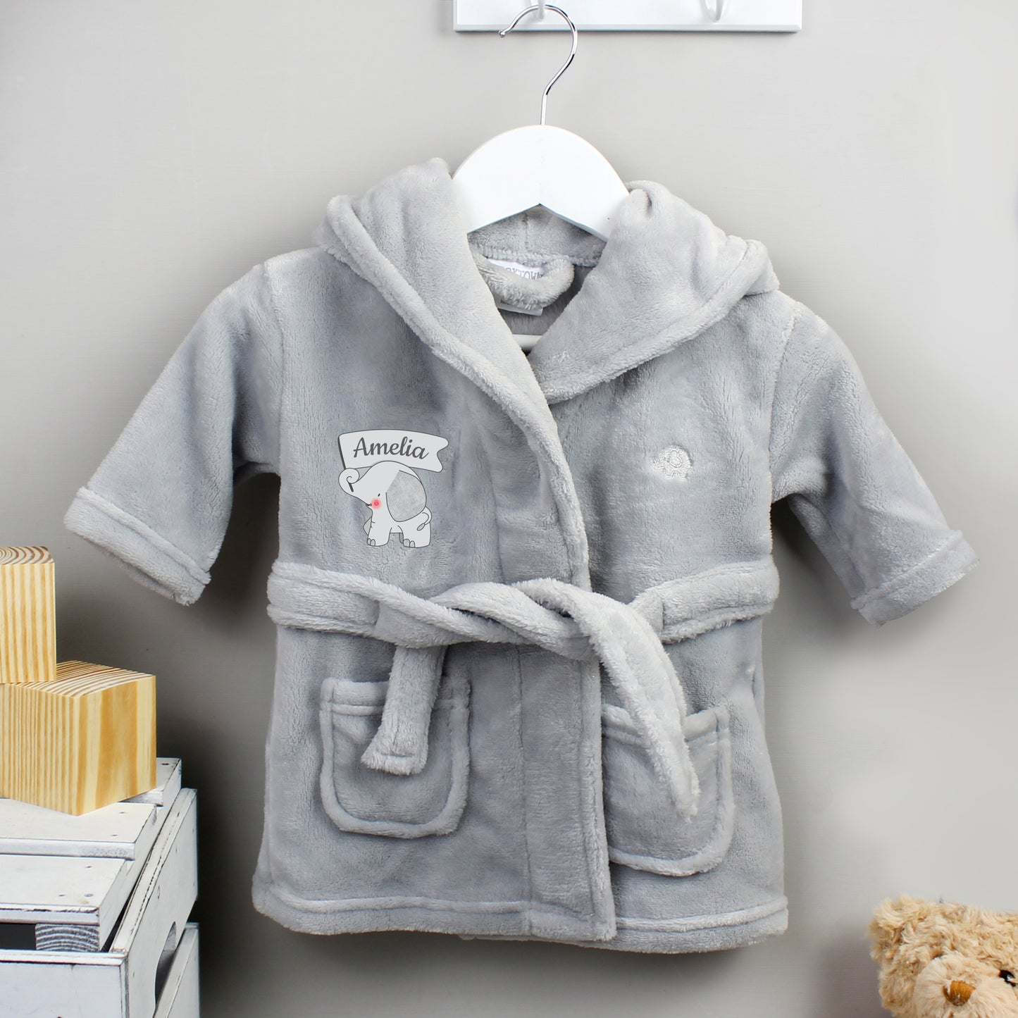Personalised Elephant Grey Hooded Baby Dressing Gown 0-6 Months