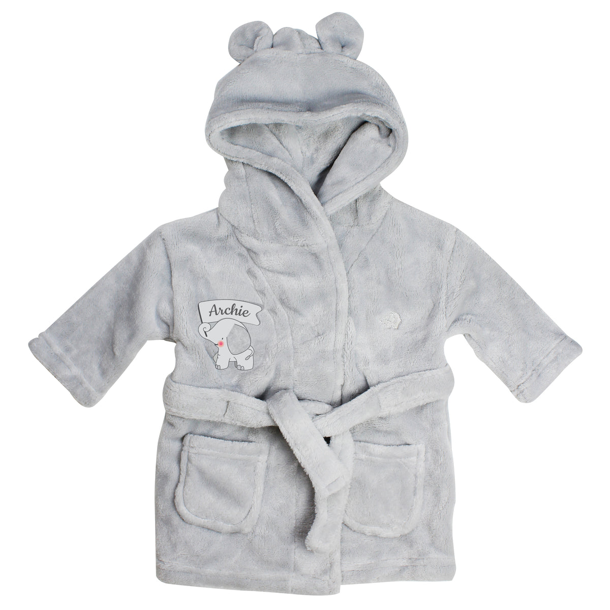 Personalised Elephant Grey Hooded Baby Dressing Gown 0-6 Months