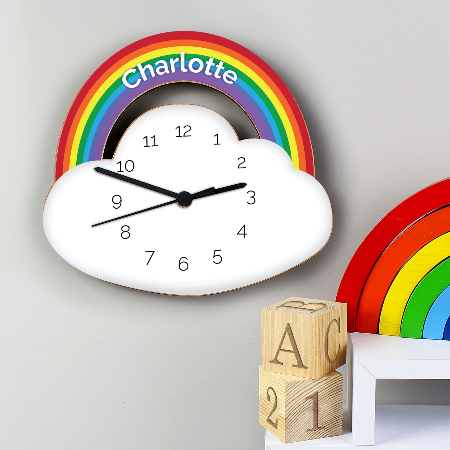 Personalised Rainbow and Cloud Shape Wooden Clock 23cm
