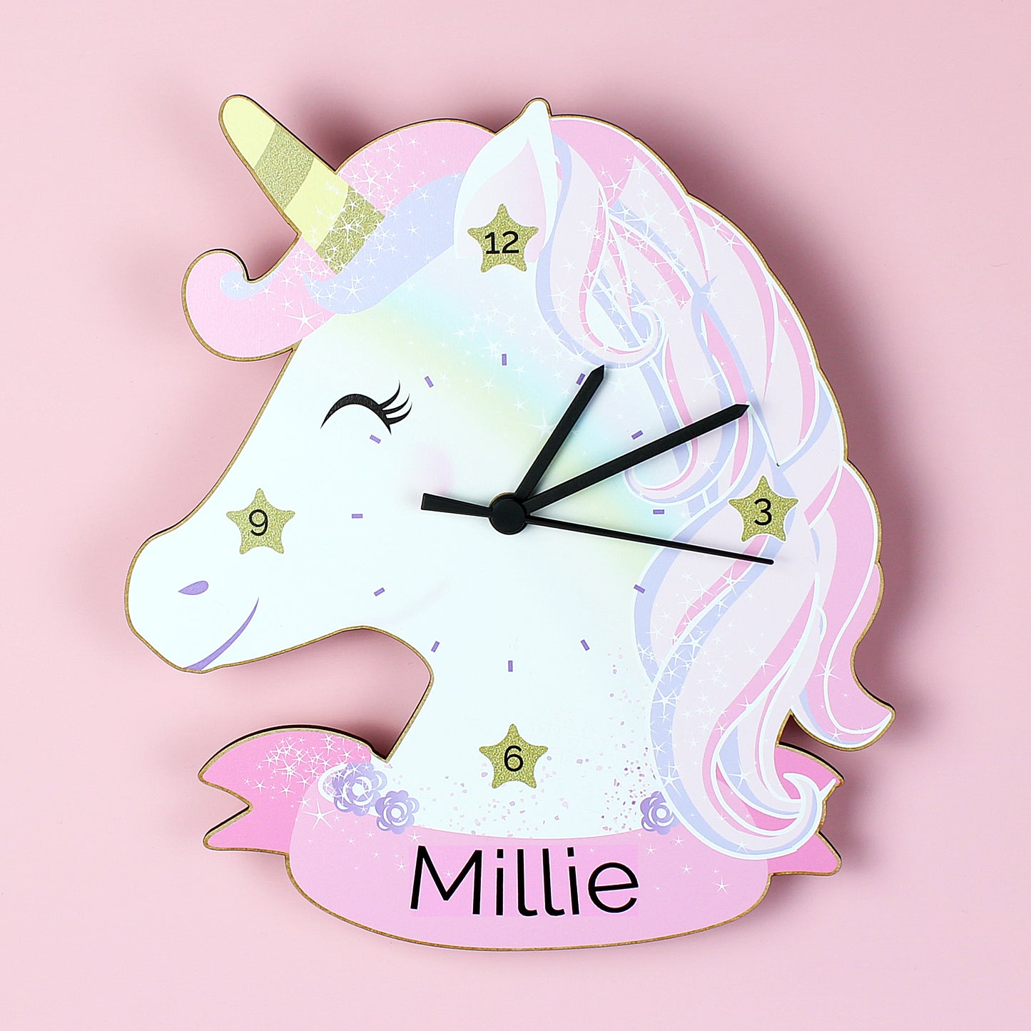 Personalised Unicorn Shape Wooden Clock 27cm