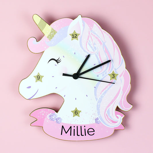 Personalised Unicorn Shape Wooden Clock 27cm