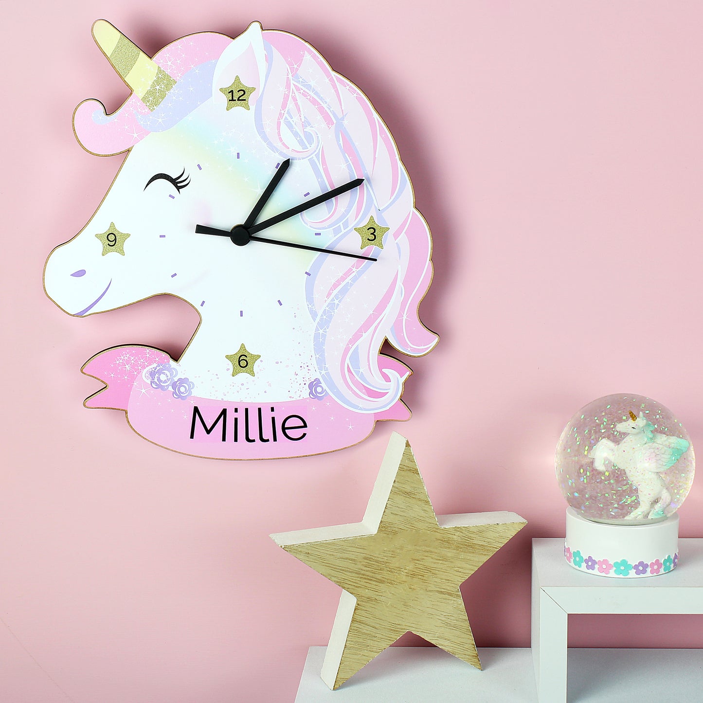 Personalised Unicorn Shape Wooden Clock 27cm