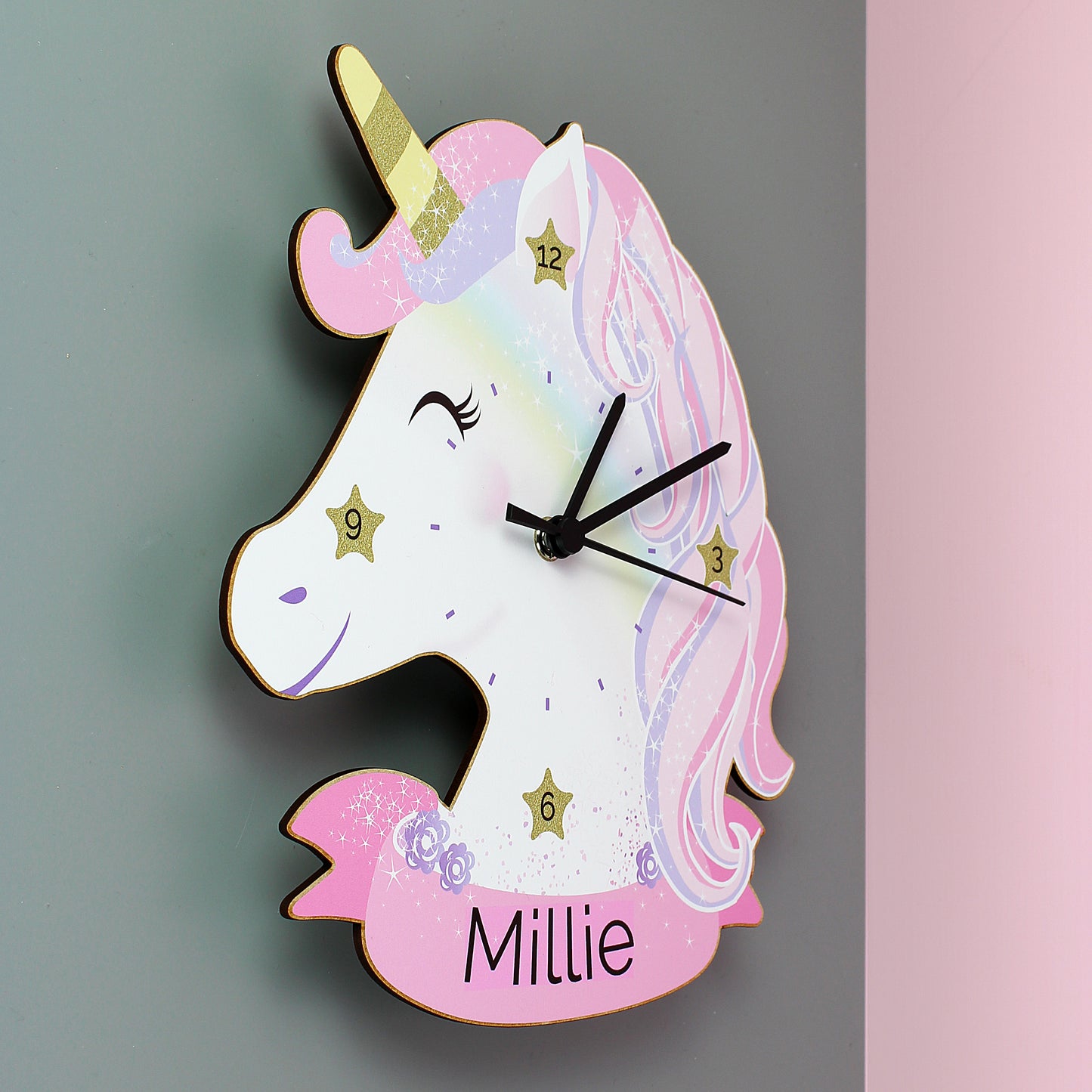 Personalised Unicorn Shape Wooden Clock 27cm