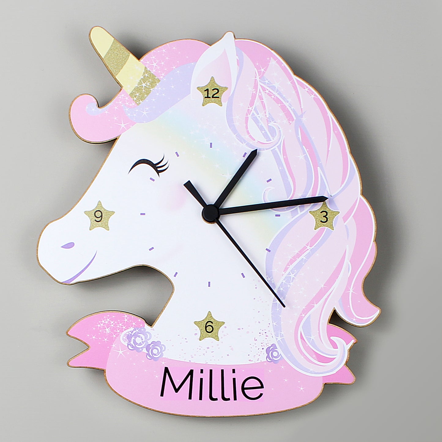 Personalised Unicorn Shape Wooden Clock 27cm