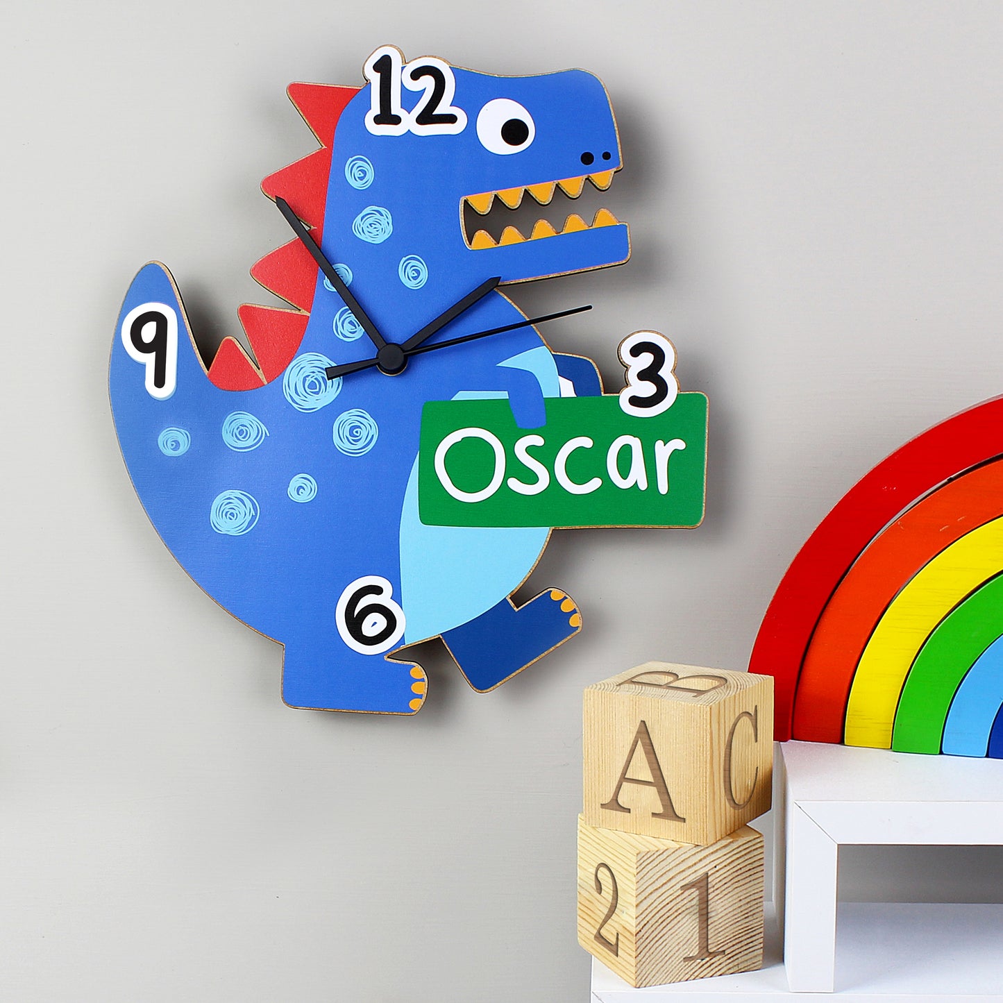Personalised Dinosaur Shape Wooden Clock 27cm