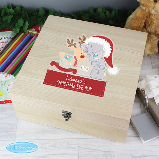 Personalised Colourful Tiny Tatty Teddy Large Wooden Christmas Eve Box 28cm