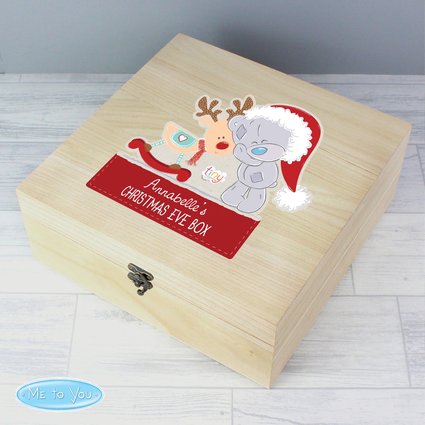 Personalised Colourful Tiny Tatty Teddy Large Wooden Christmas Eve Box 28cm