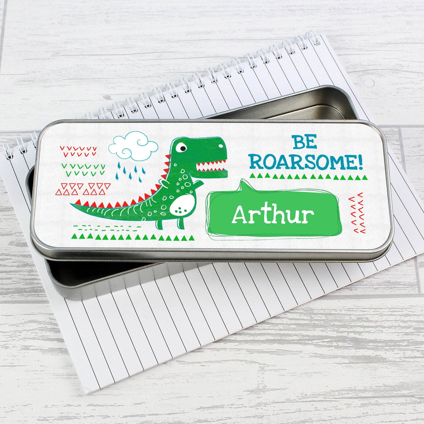 Personalised 'Be Roarsome' Dinosaur Pencil Tin with Pencil Crayons