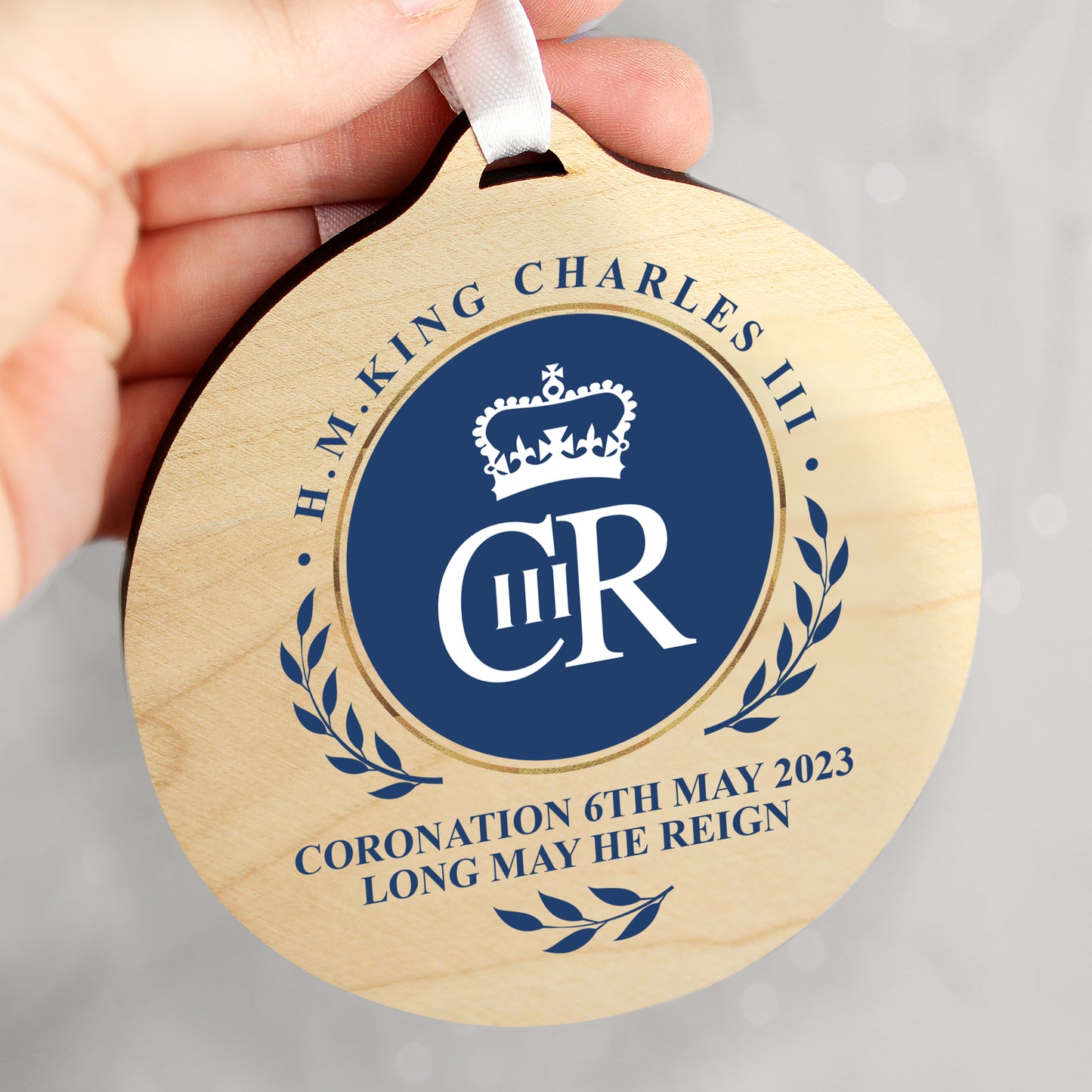 King Charles III Blue Crest Coronation Commemorative Round Wooden Decoration