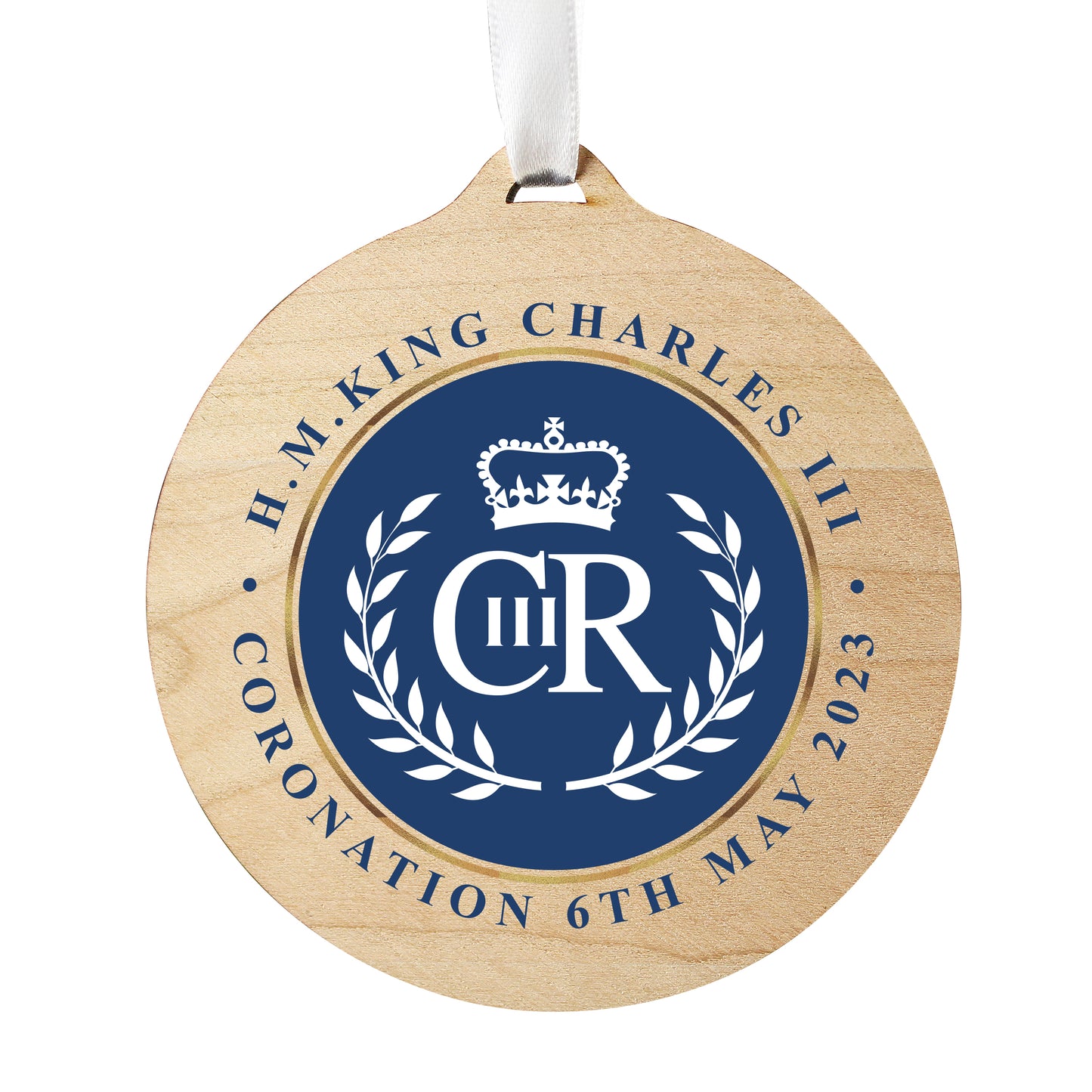 King Charles III Blue Crest Coronation Commemorative Round Wooden Decoration
