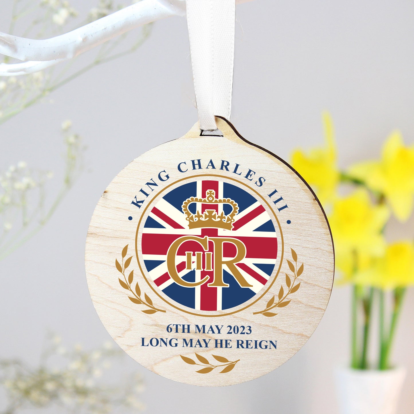 King Charles III Union Jack Coronation Commemorative Round Wooden Decoration