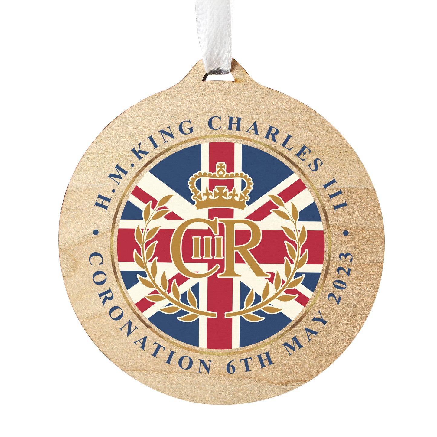 King Charles III Union Jack Coronation Commemorative Round Wooden Decoration