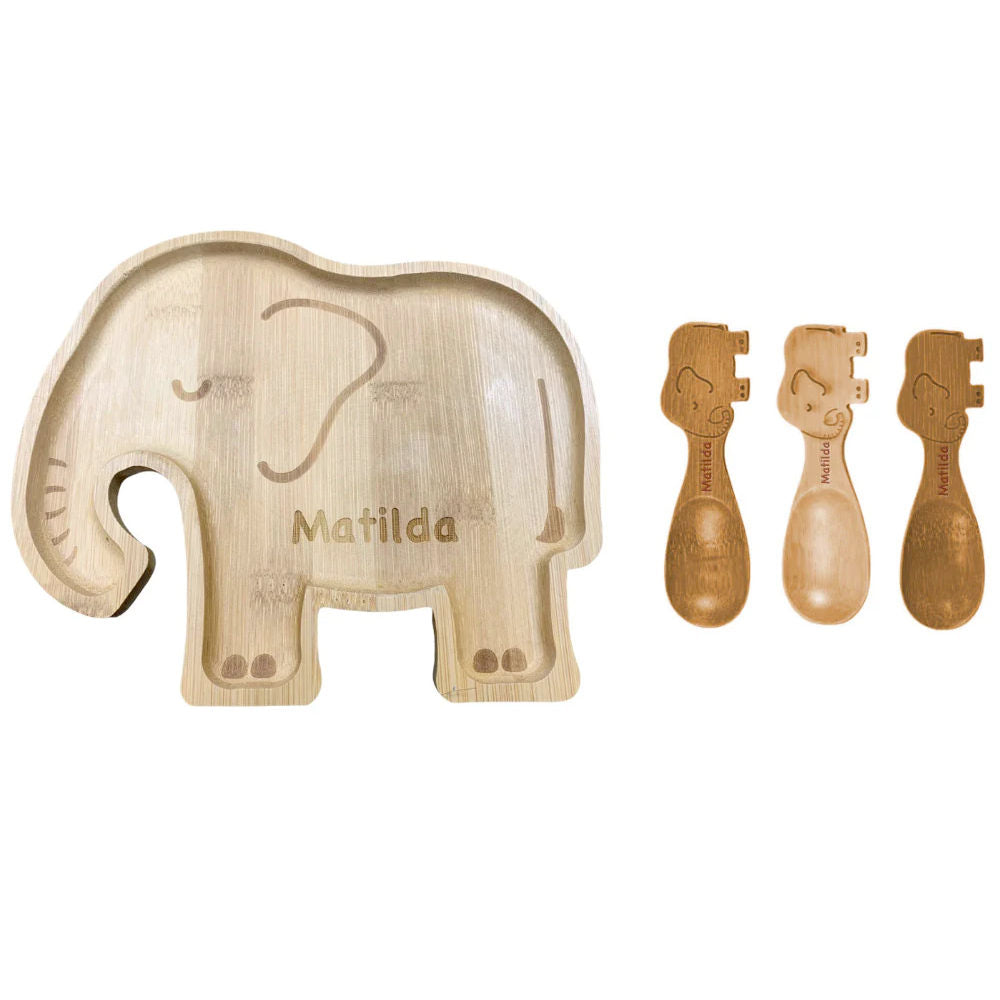 Personalised Engraved Elephant Bamboo Baby Plate and Spoon Set