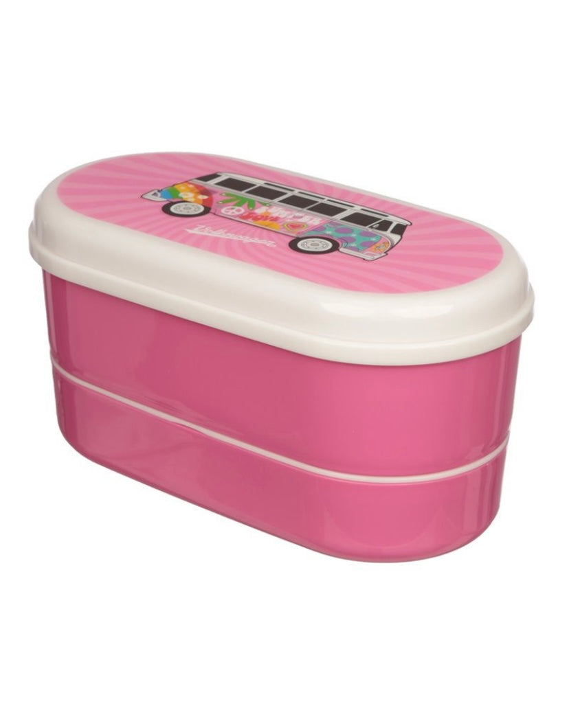 Volkswagen VW Campervan Bus Surf Adventure Stacked Bento Lunch Box with Fork & Spoon Pink