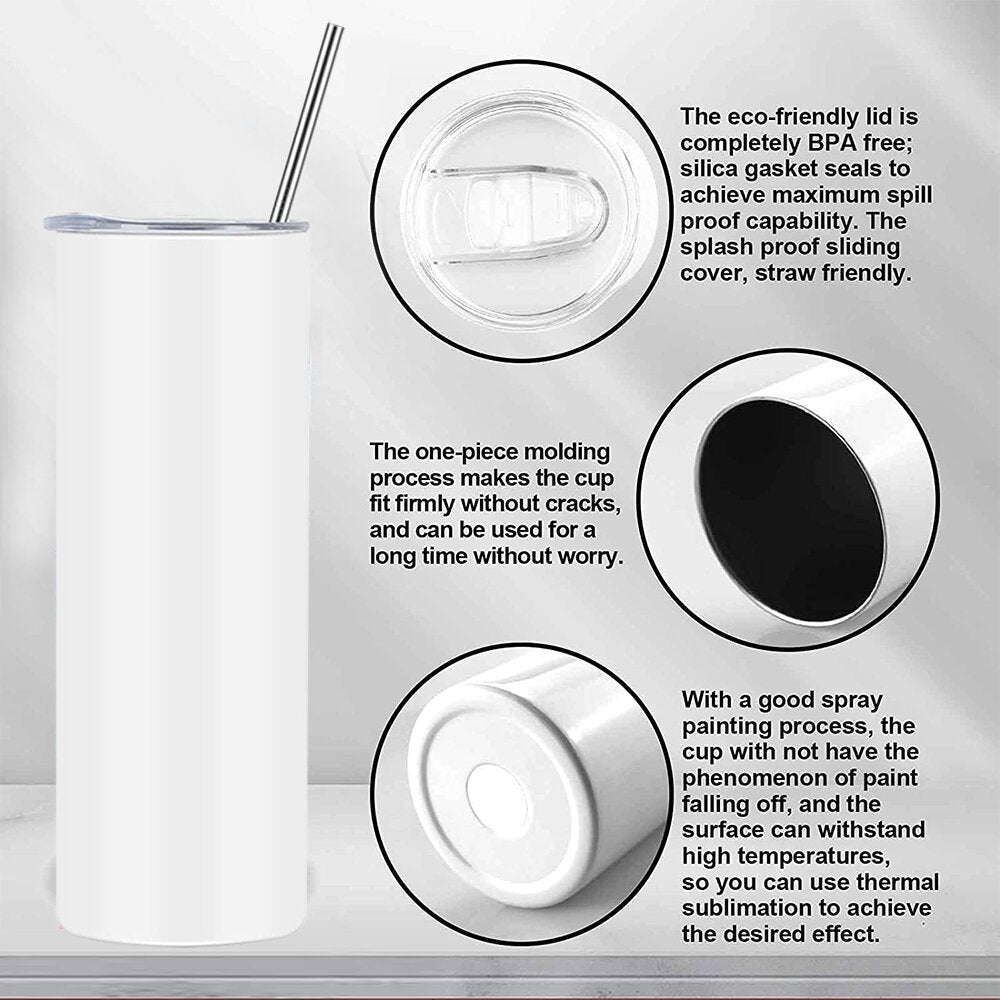 Personalised 20oz White Stainless Steel Skinny Tumbler with Lid and Straw