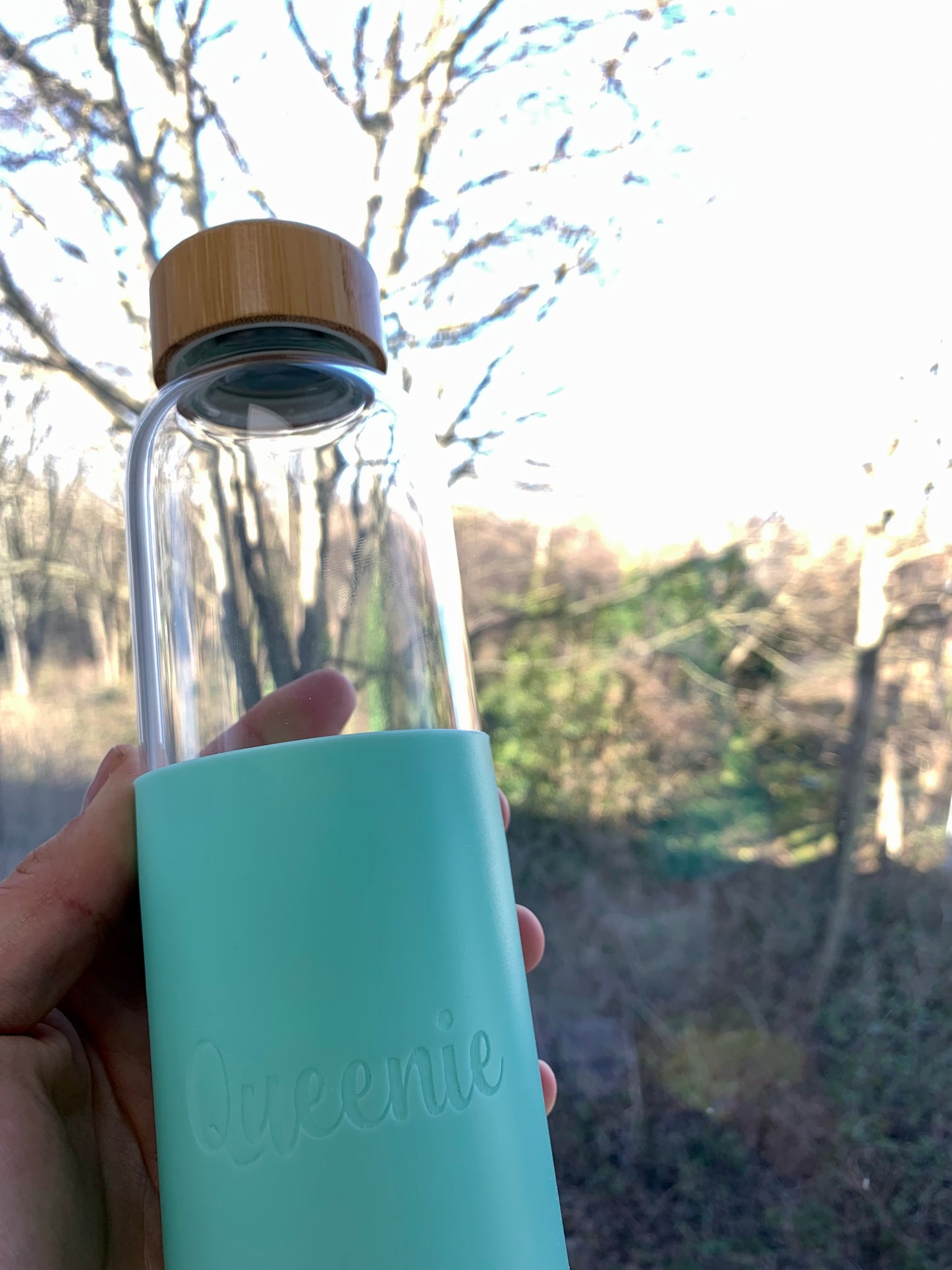 Personalised Engraved Mint Green Silicone Sleeve Glass Water Bottle 550ml