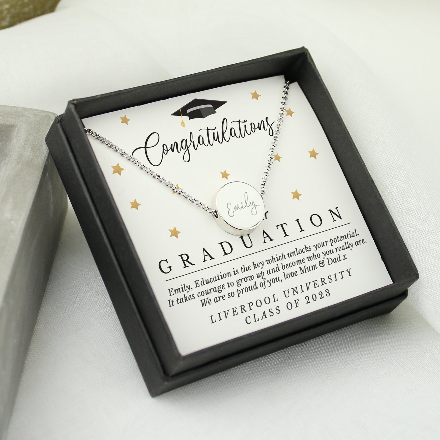 Personalised Graduation Sentiment Silver Tone Necklace and Box