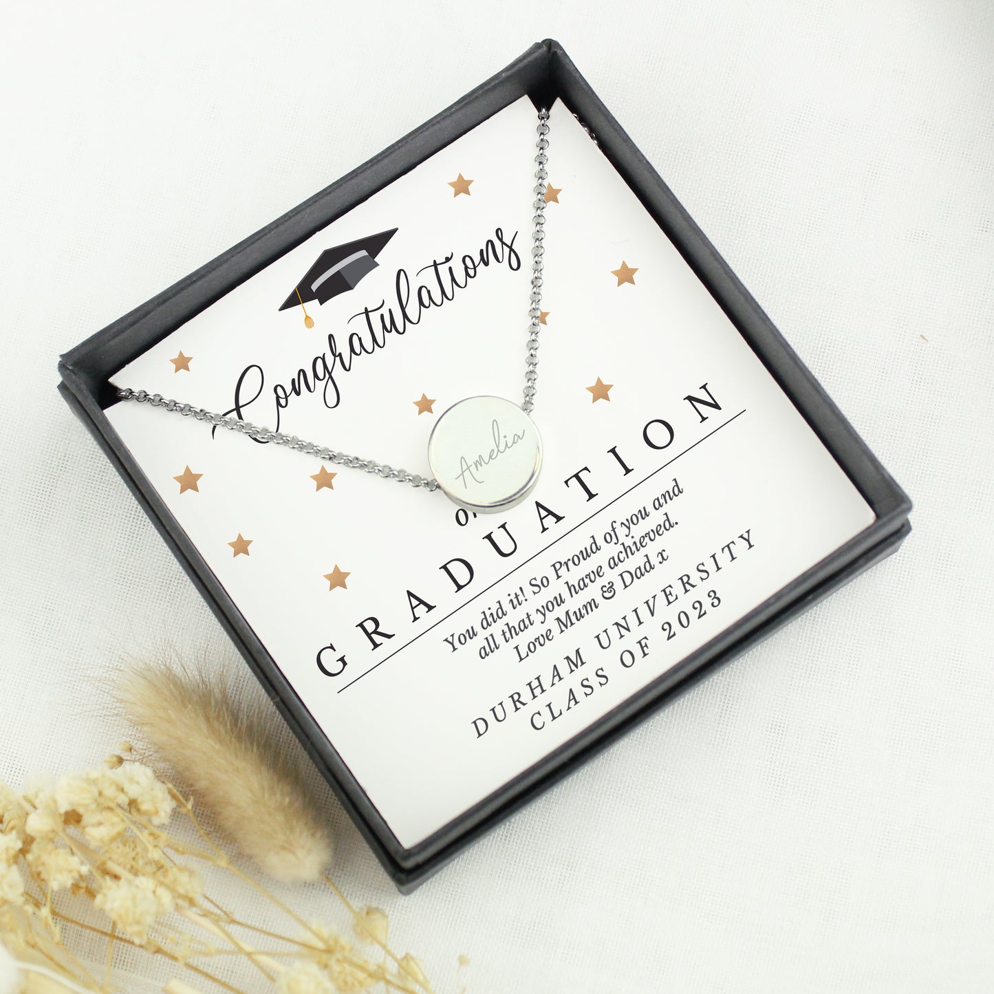 Personalised Graduation Sentiment Silver Tone Necklace and Box