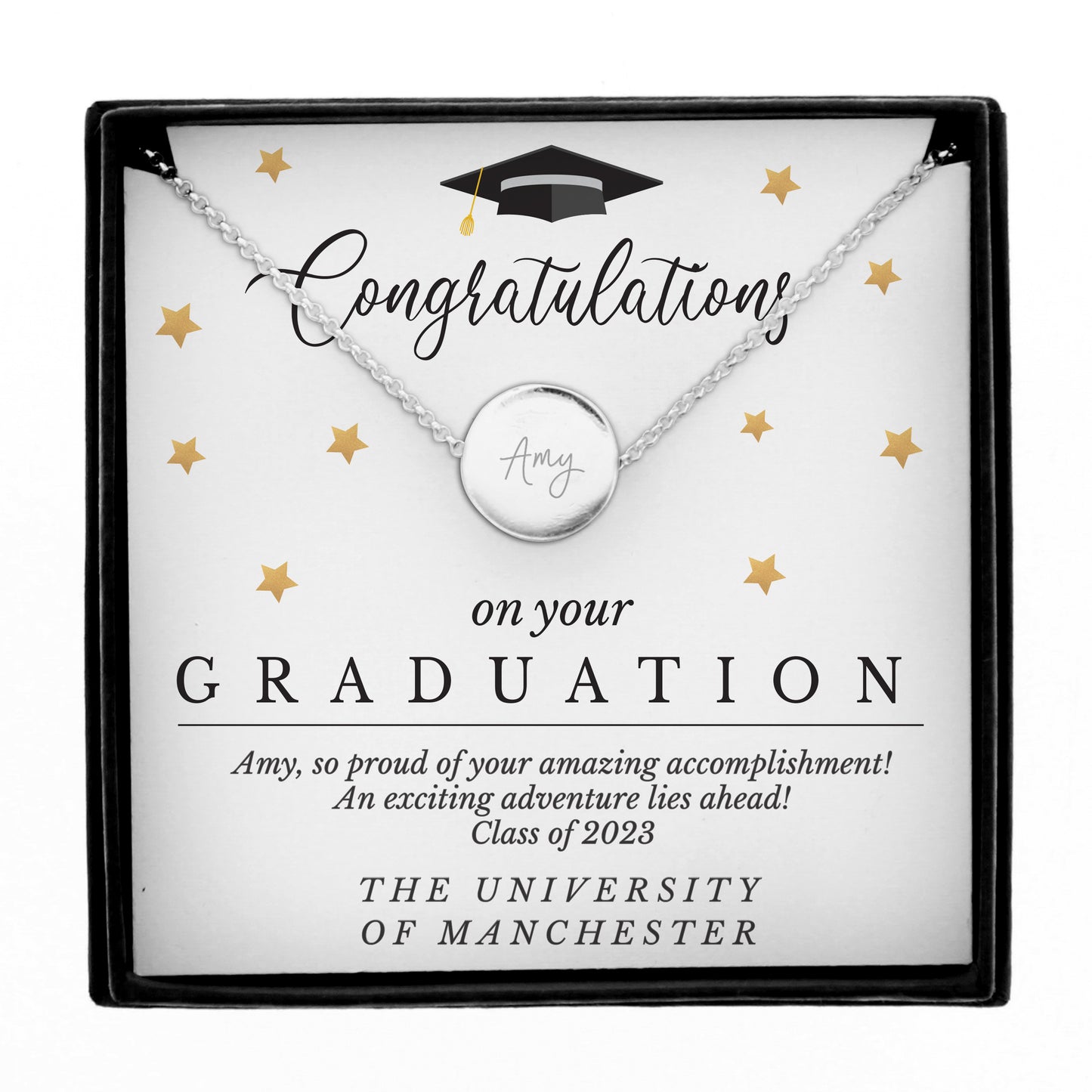 Personalised Graduation Sentiment Silver Tone Necklace and Box