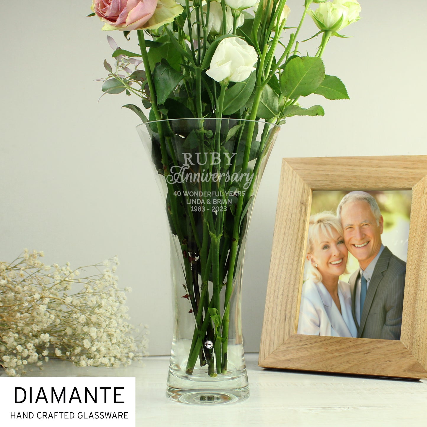 Personalised Ruby Anniversary Large Hand Cut Diamante Heart Vase