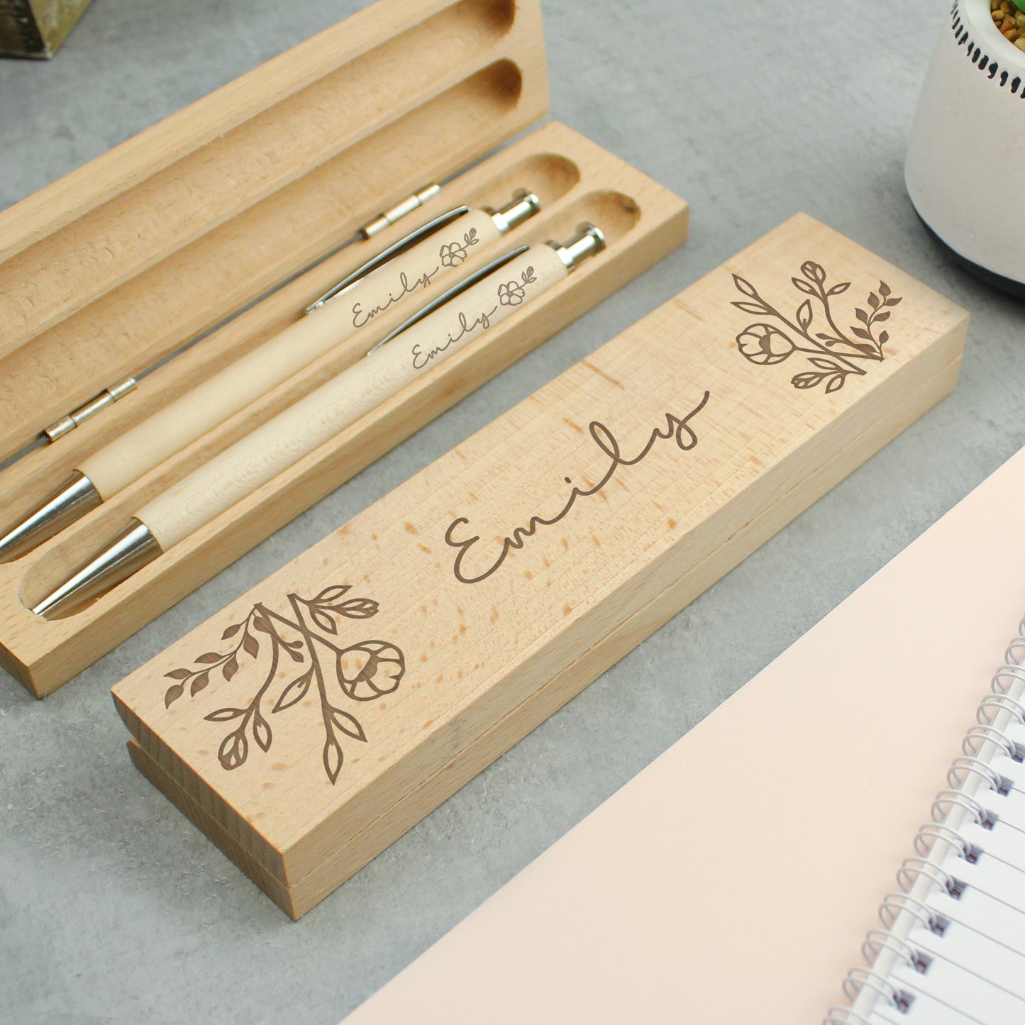 Personalised Wooden Pen And Pencil Set