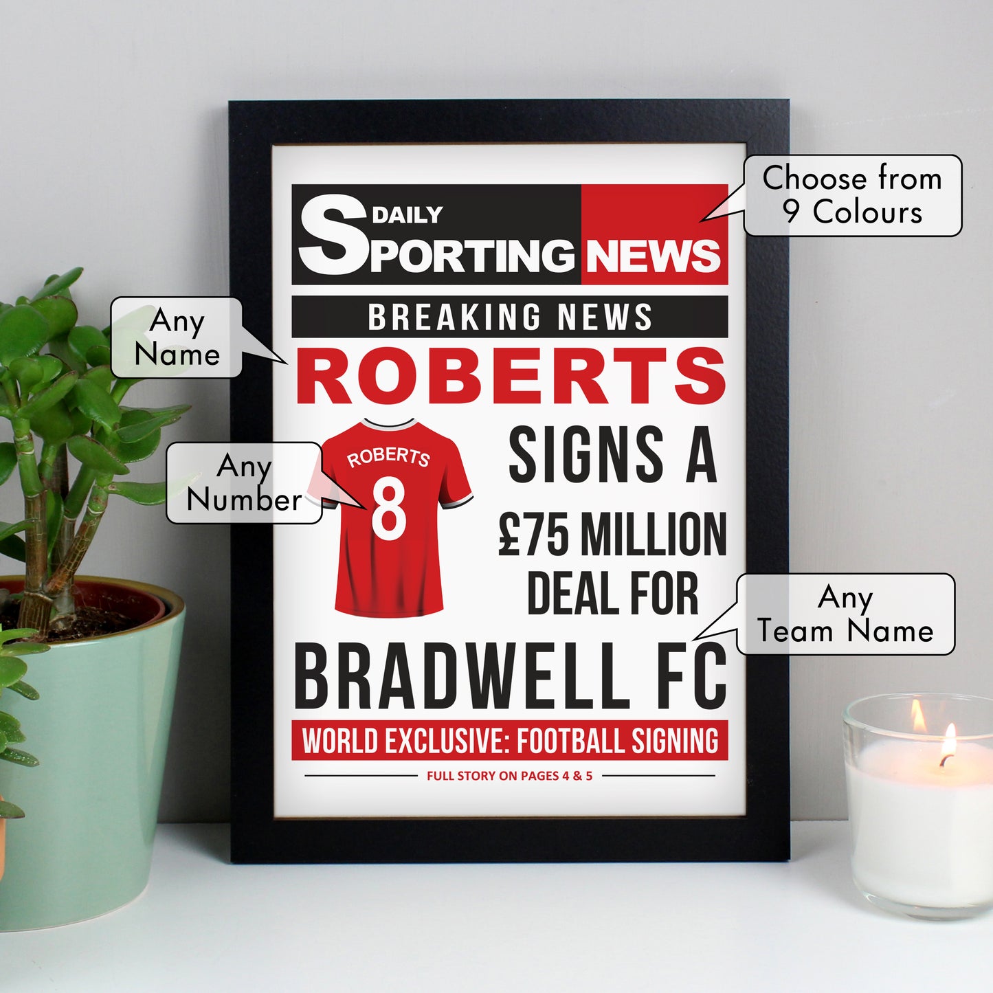 Personalised Football Signing Newspaper A4 Framed Print