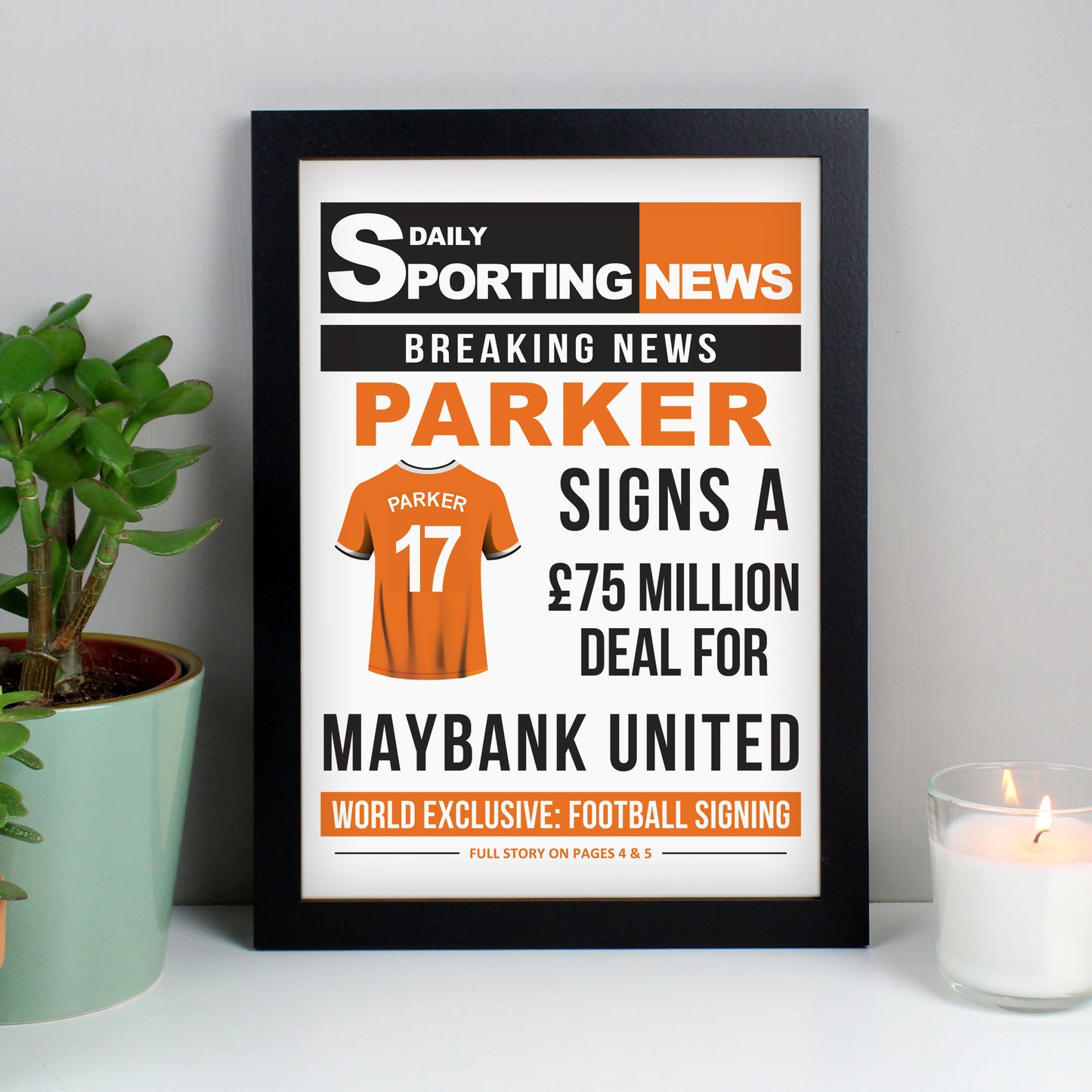 Personalised Football Signing Newspaper A4 Framed Print