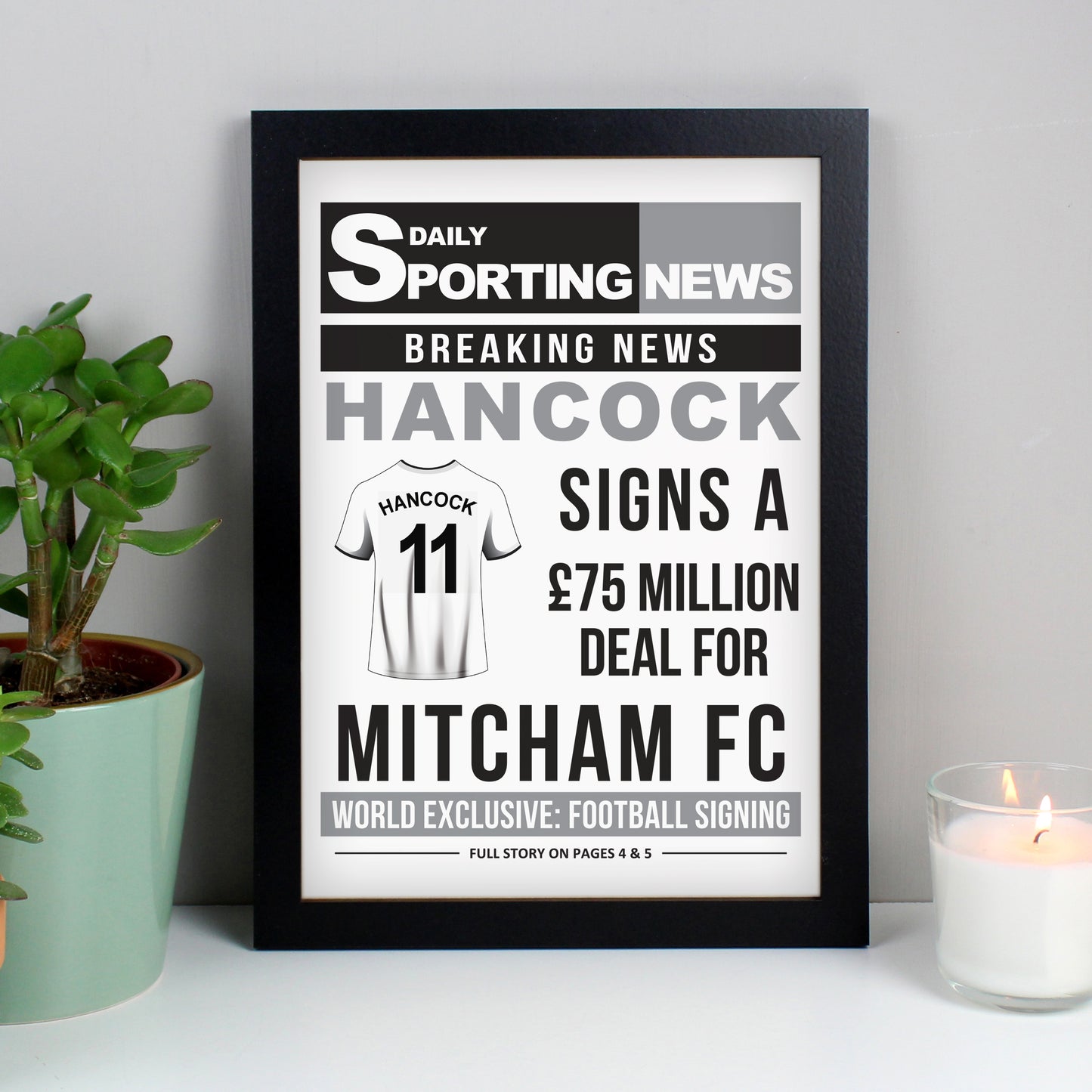 Personalised Football Signing Newspaper A4 Framed Print