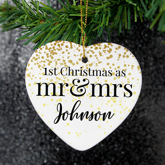 Personalised Mr and Mrs 1st Christmas Ceramic Heart Decoration