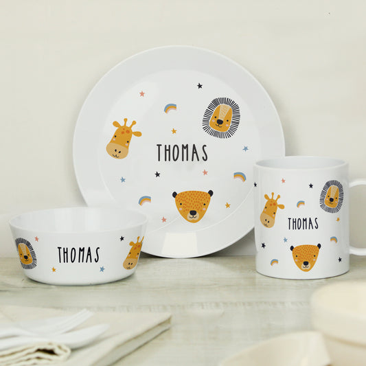 Safari Animals Plastic Childrens Personalised Breakfast Set