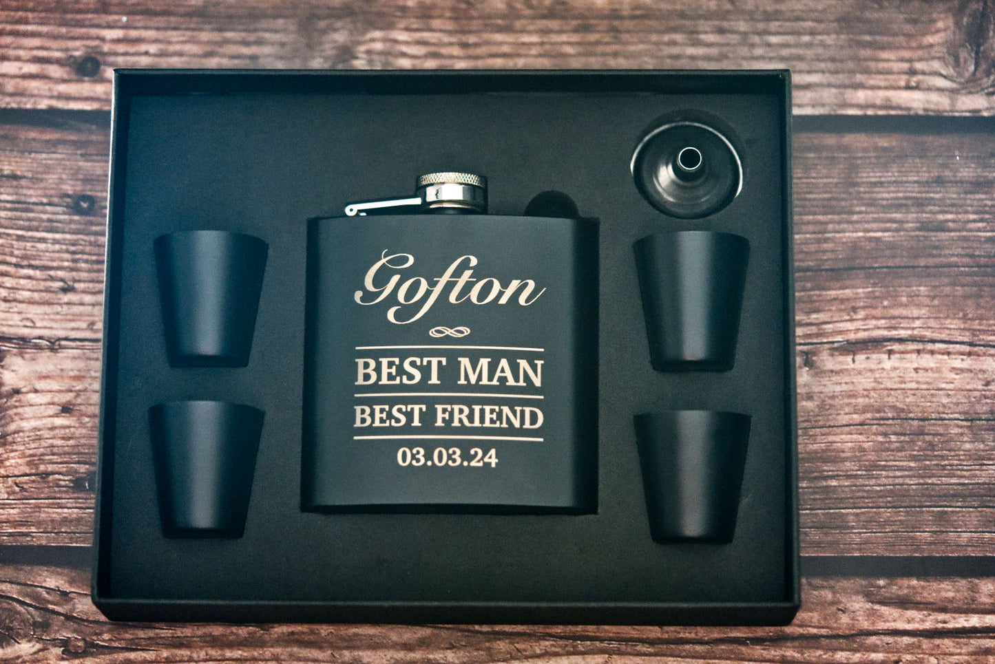 Best Man Hip Flask Gift Set Personalised with Engraved Name
