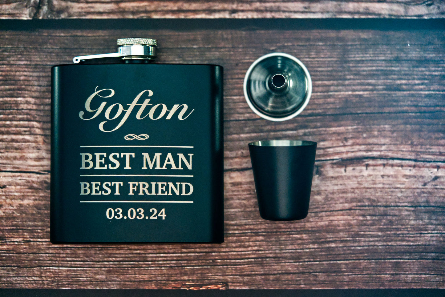 Best Man Hip Flask Gift Set Personalised with Engraved Name