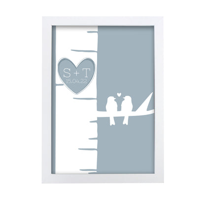Personalised Grey Love Birds White A4 Framed Print