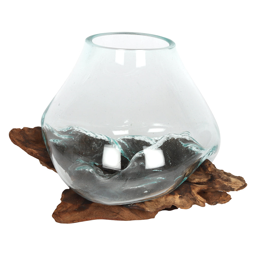 Large 29cm Molten Glass on Wooden Root Stand