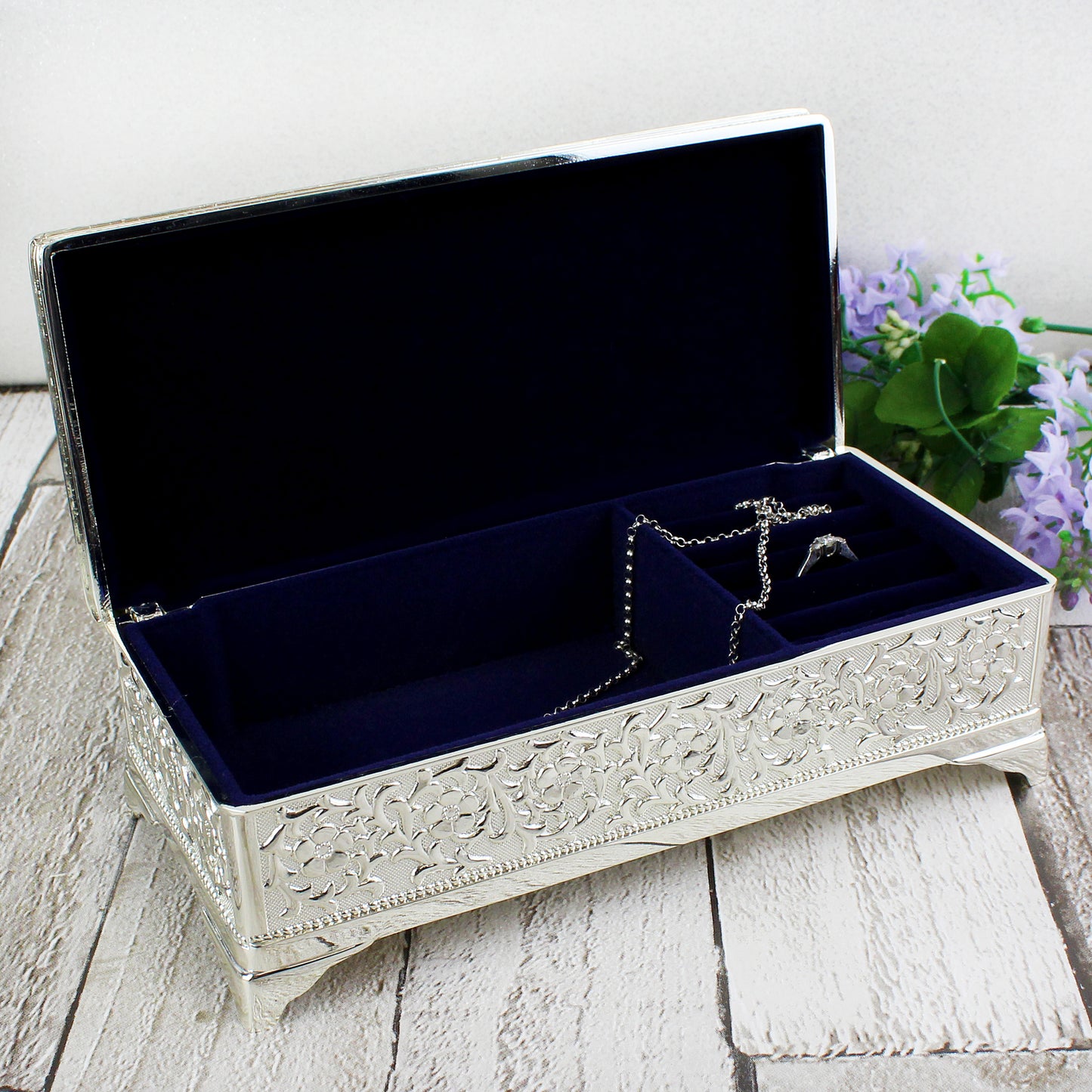 Personalised Swirls & Hearts Antique Silver Plated Jewellery Box