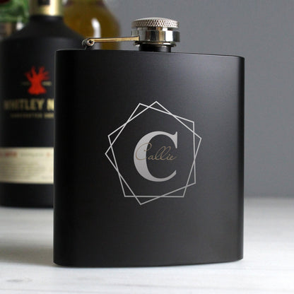 Personalised Geometric Initial Black 6oz Hip Flask