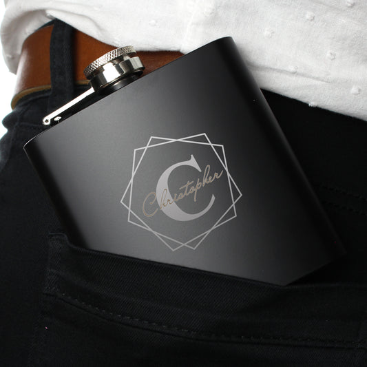 Personalised Geometric Initial Black 6oz Hip Flask