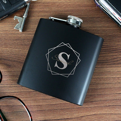 Personalised Geometric Initial Black 6oz Hip Flask