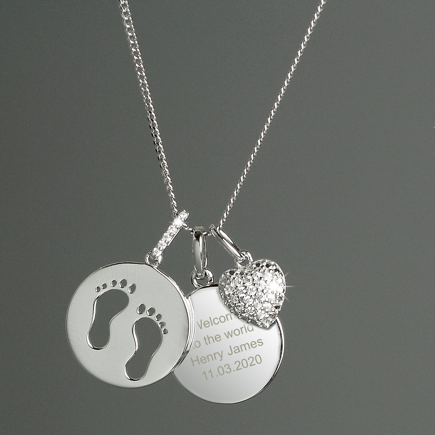 Personalised Sterling Silver Footprints and Heart Necklace